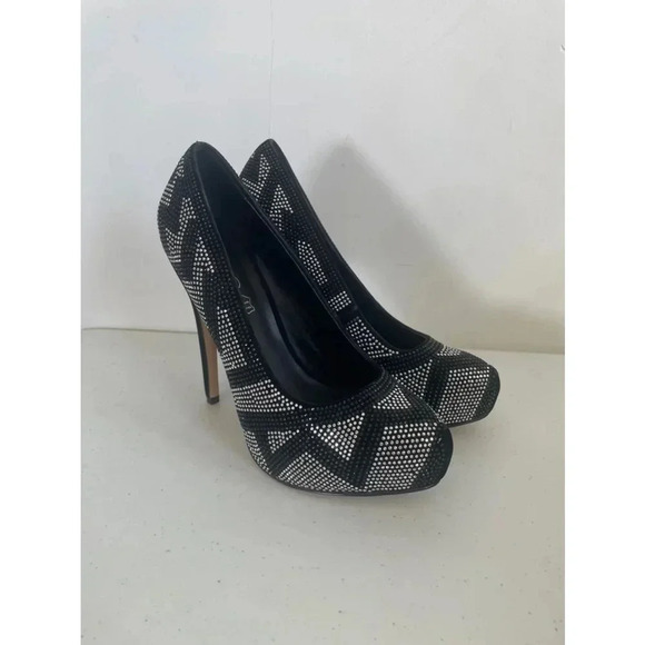 Women's Aldo Leather Chevron Black Rhinestone‎ 6” High Heels Size 8.5 EUC - Picture 1 of 7